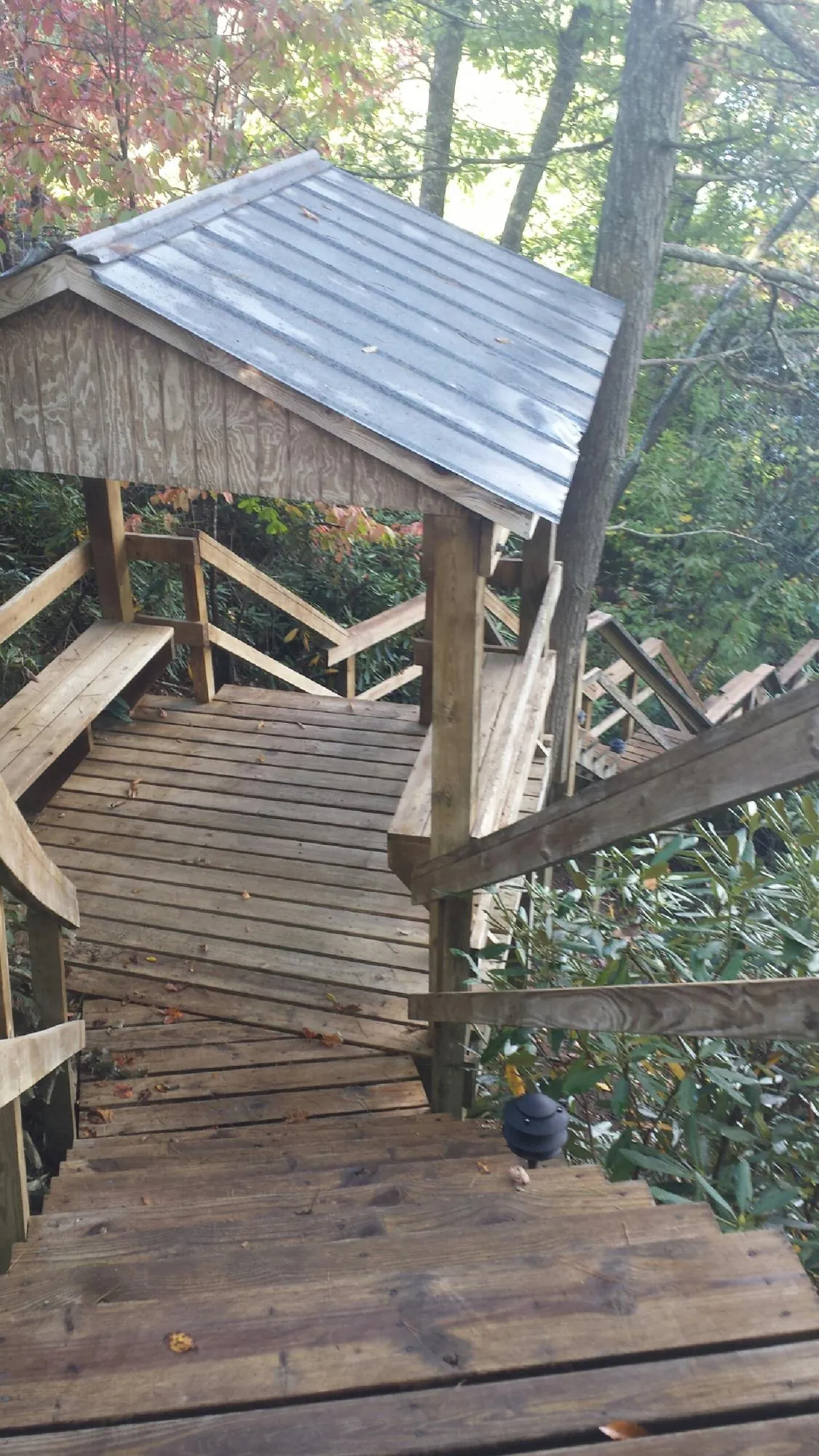 Metal roofed shelter over wooden steps on a wooded walkway — Skylight Repair & Installation work by our crew in Cedar Bluffs